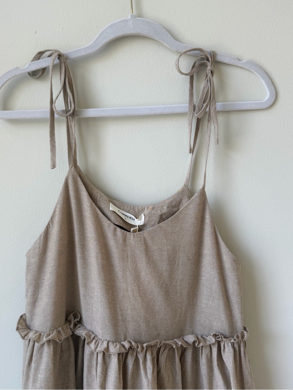 NWT Commense Size Small Cotton Linen Tie-Shoulder Mini Dress in Beige Tan Ruffle - Picture 5 of 15